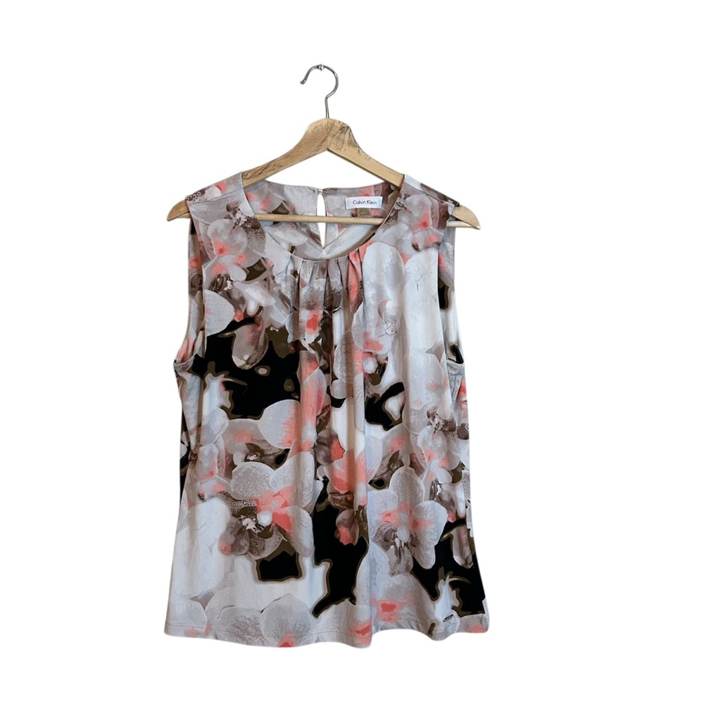 Calvin Klein Peach White and Brown Floral Sleeveless Blouse or Shell Size XL